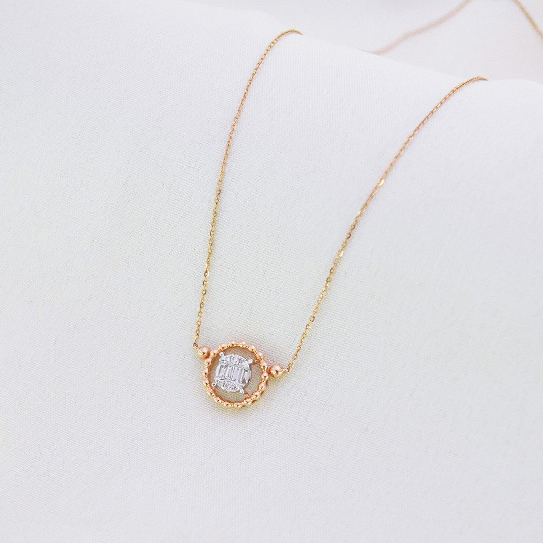 Macie Diamond Necklace in 18K Rose Gold with Round and Baguette Diamonds - Zivar.in