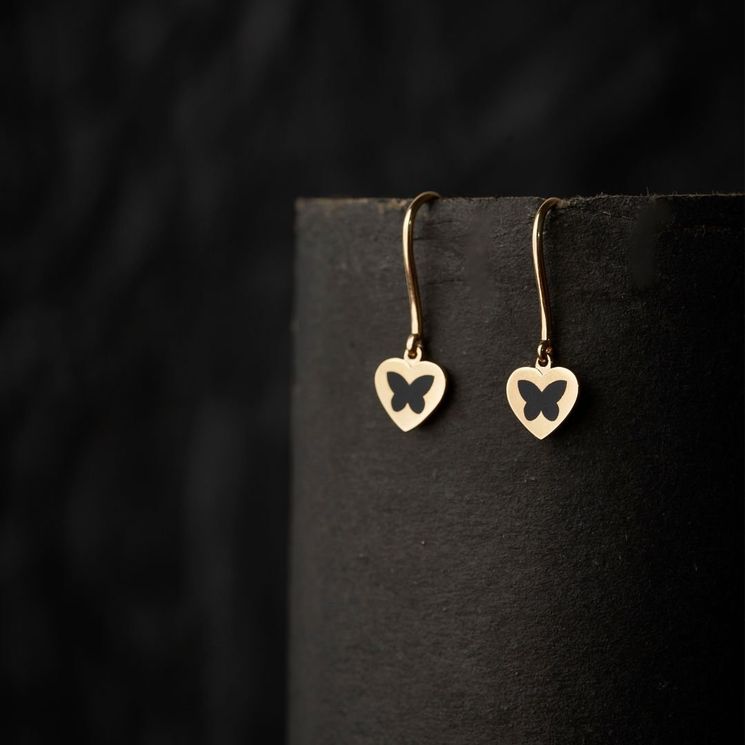 Heart Black Butterfly Gold Dangler - zivar.in