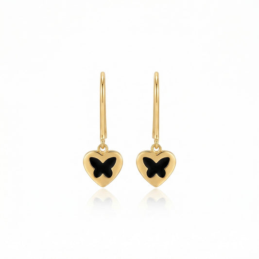 Heart Black Butterfly Gold Danglers