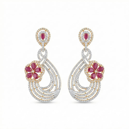 Ruby Diamond Floral Drop Earrings